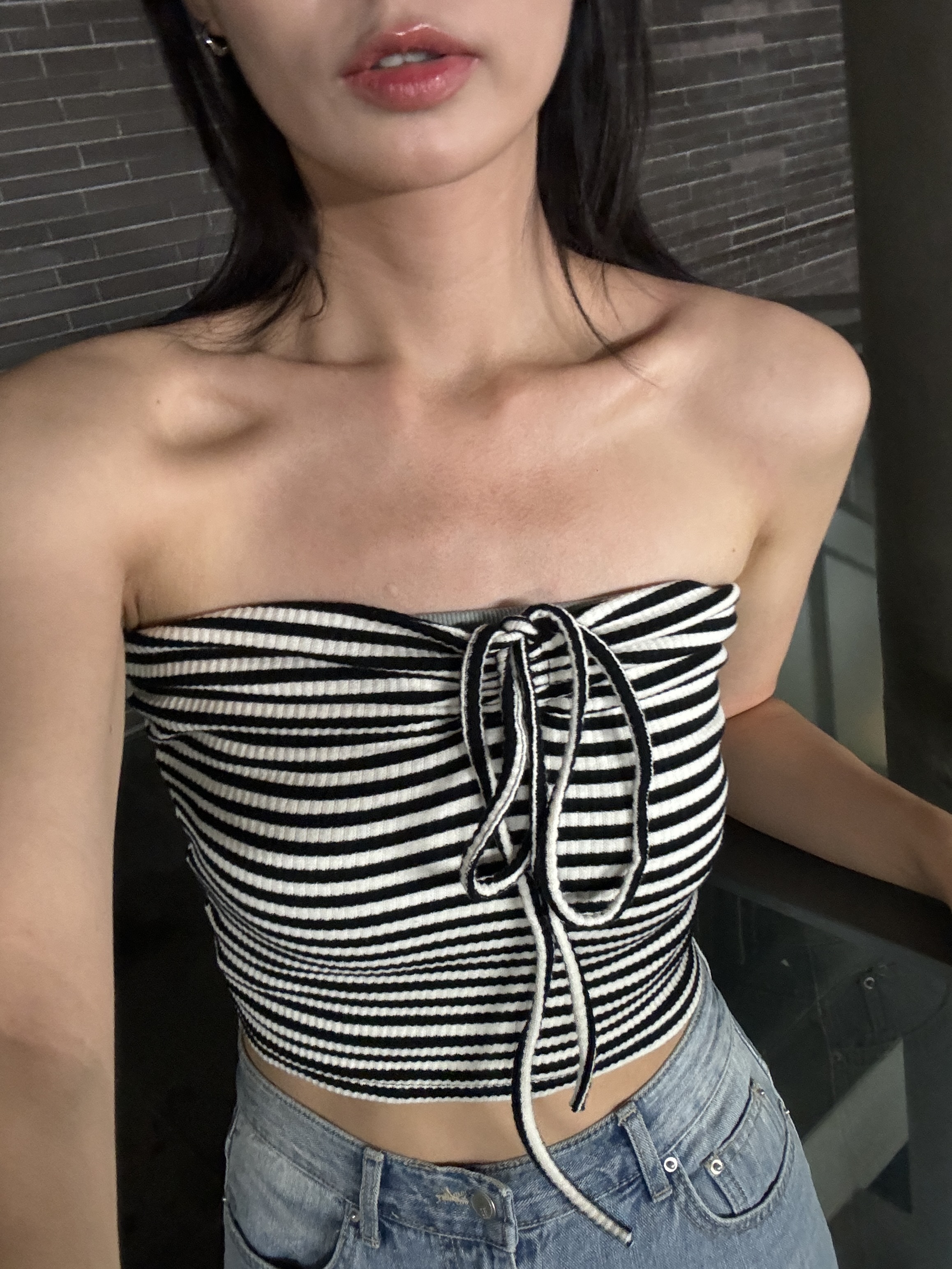 灰白現貨) 間條抽繩2著上衣 T7206 (黑/灰白)