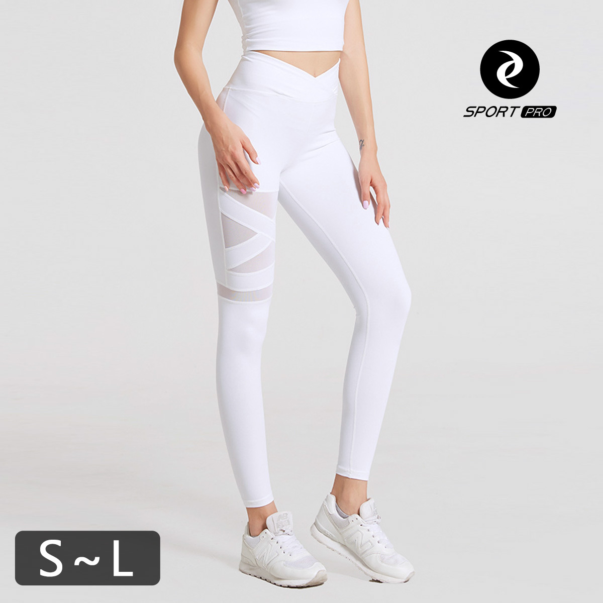 V型高腰網紗拼接九分瑜珈/運動/緊身機能褲*