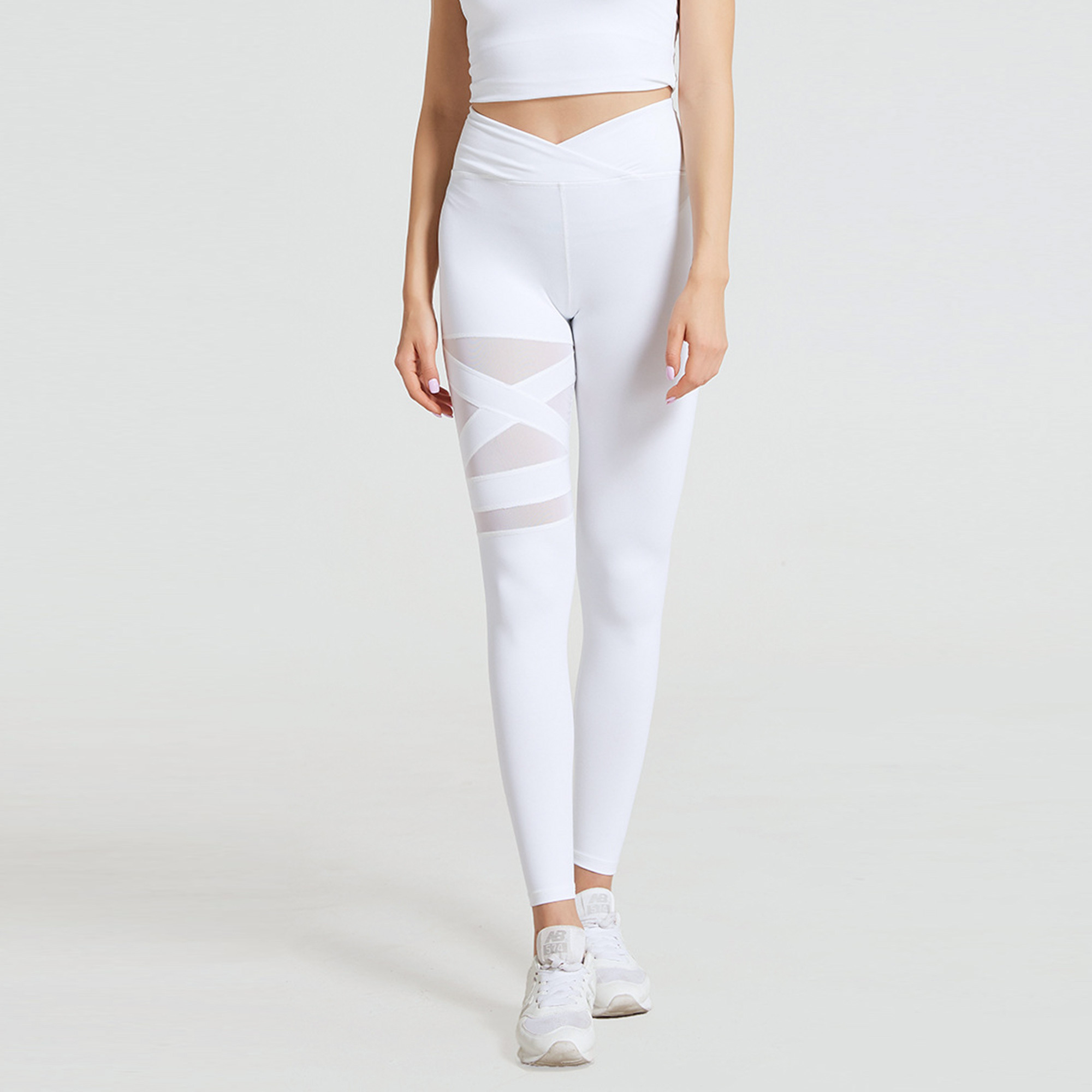 V型高腰網紗拼接九分瑜珈/運動/緊身機能褲*