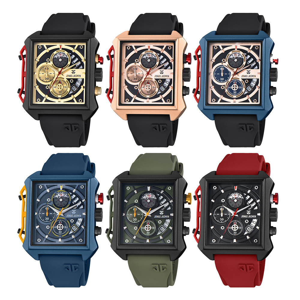 【Jonas Jasmin 喬納斯】 JJ-5343MC 真三眼 帶日期 繽紛多色 夜光 男款 矽膠 石英錶