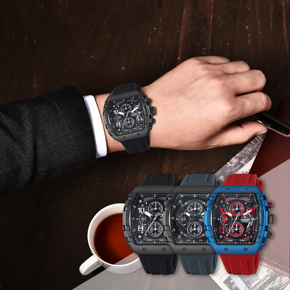 【Jonas Jasmin 喬納斯】 JJ-5340MC 真三眼 帶日期 夜光 男款 矽膠 石英錶