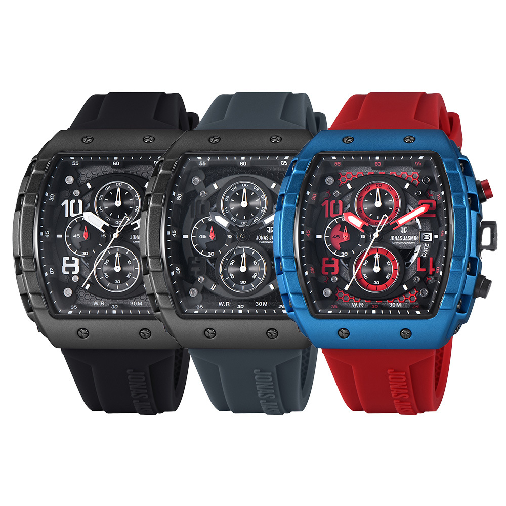 【Jonas Jasmin 喬納斯】 JJ-5340MC 真三眼 帶日期 夜光 男款 矽膠 石英錶