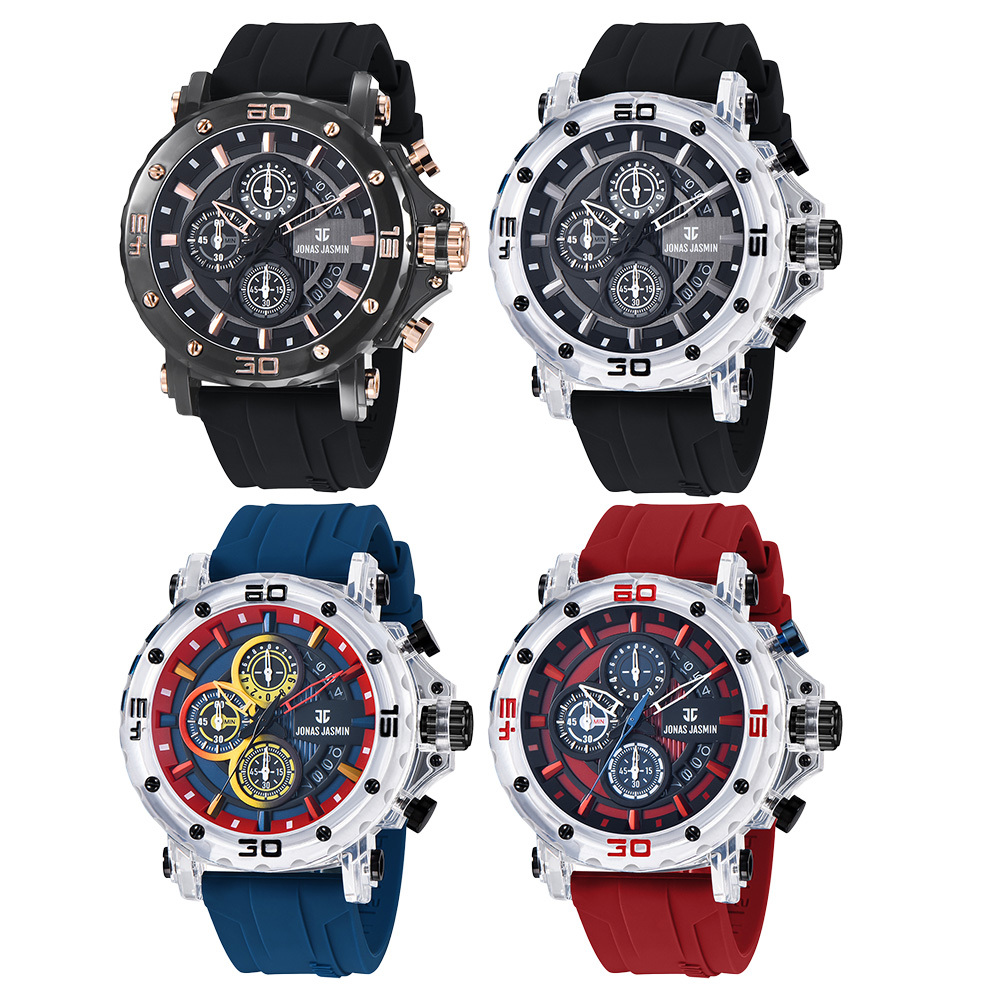 【Jonas Jasmin 喬納斯】 JJ-5335MC 真三眼 帶日期 男款 撞色搭配 矽膠 石英錶