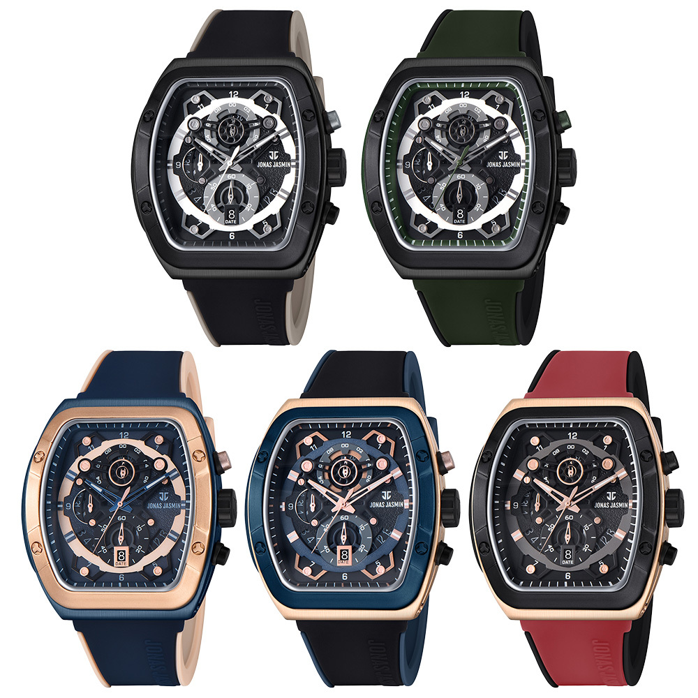 【Jonas Jasmin 喬納斯】 JJ-5332MC 真三眼 夜光指針 帶日期 男款 矽膠 撞色搭配 石英錶
