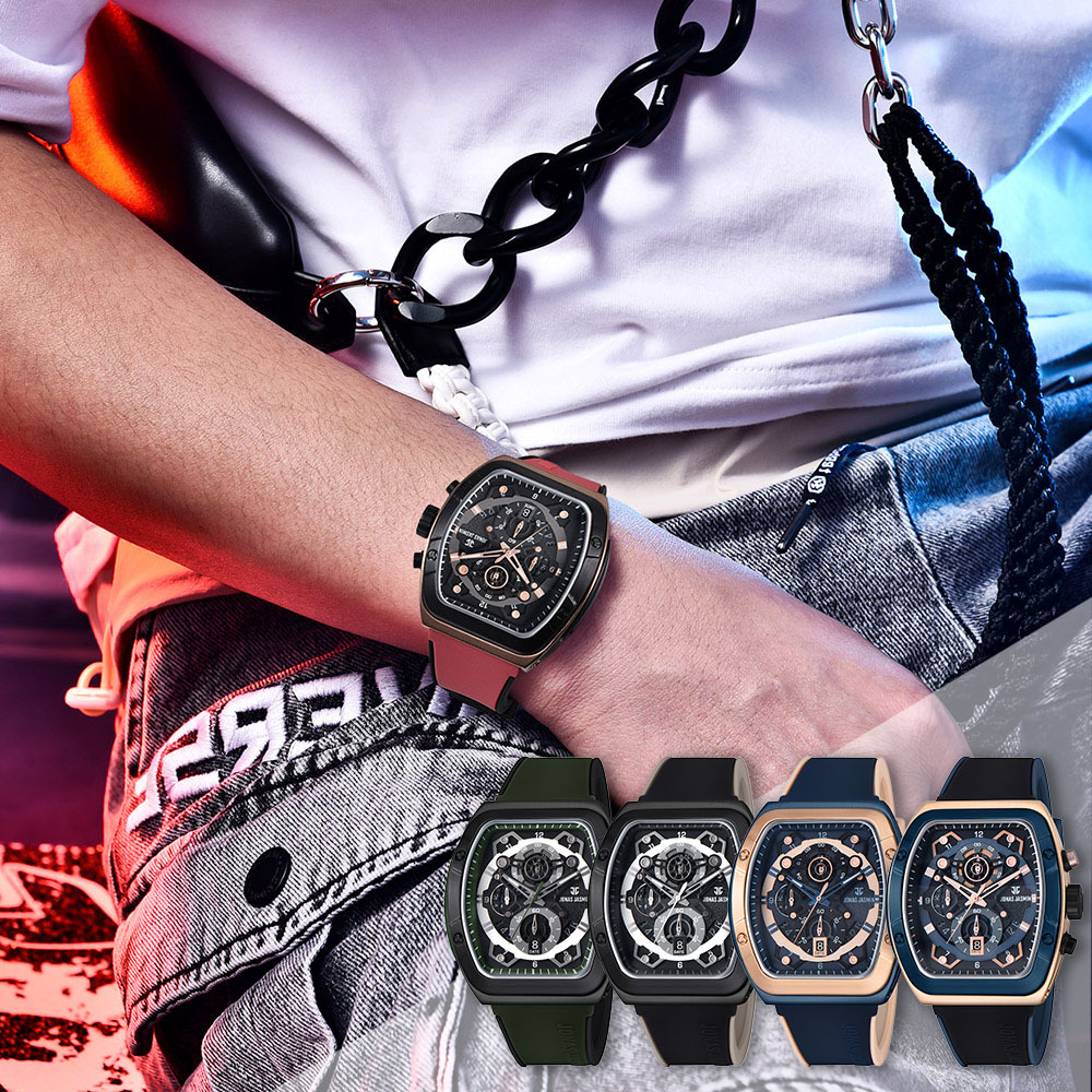 【Jonas Jasmin 喬納斯】 JJ-5332MC 真三眼 夜光指針 帶日期 男款 矽膠 撞色搭配 石英錶