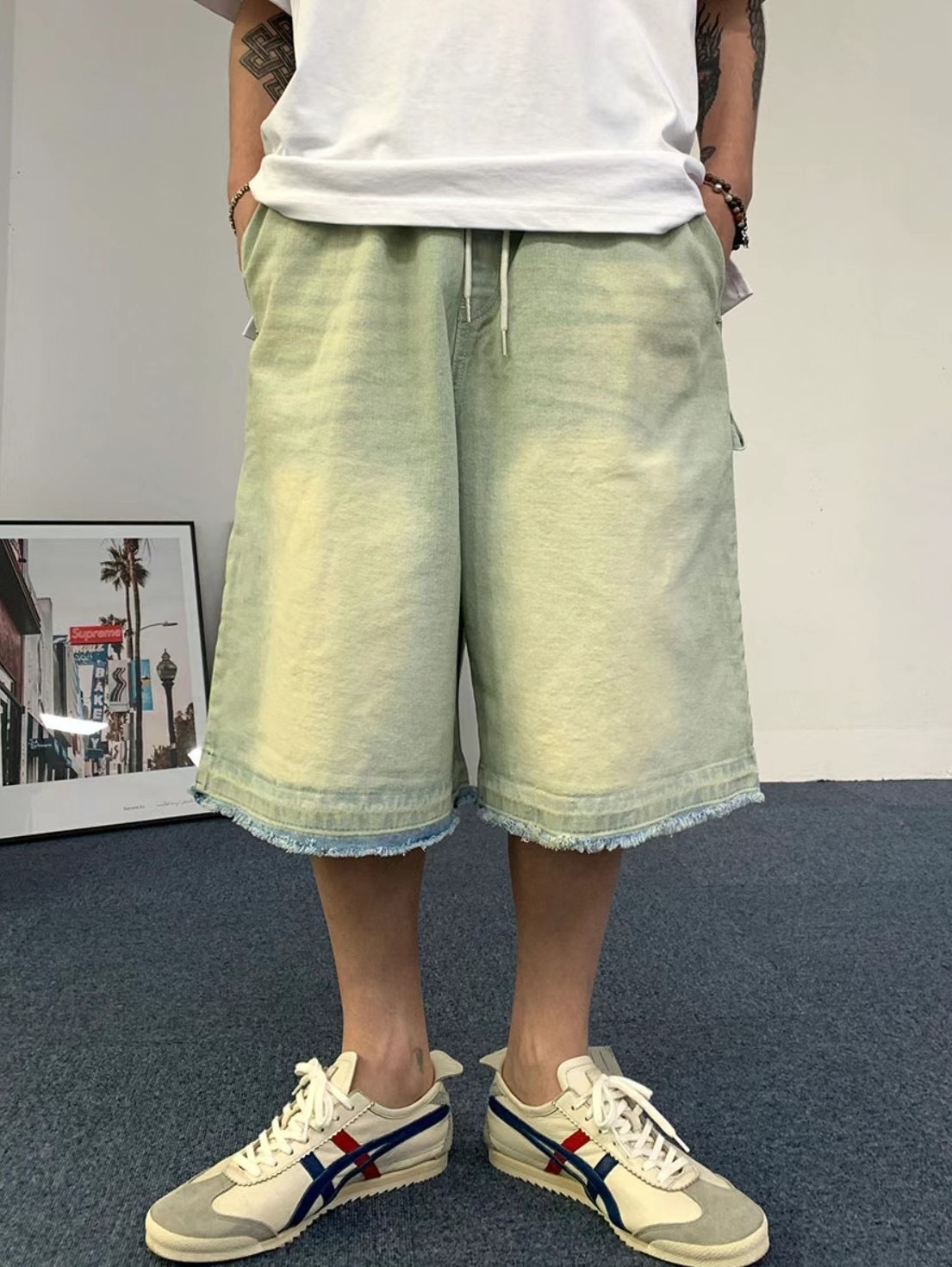 抽繩 百慕達 不收邊 牛仔 七分褲