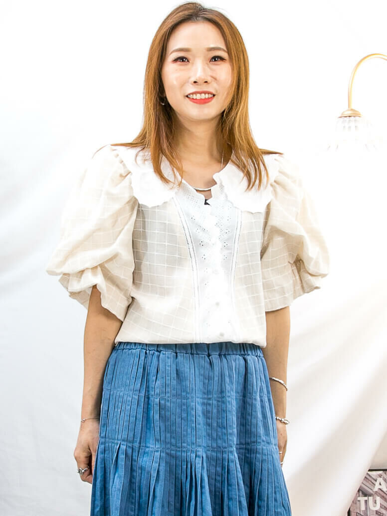 【summer sale】全開胸扣鈕 ‧ 反領位lace ‧ 格仔麻棉料top【2411-1293】【不設退換】