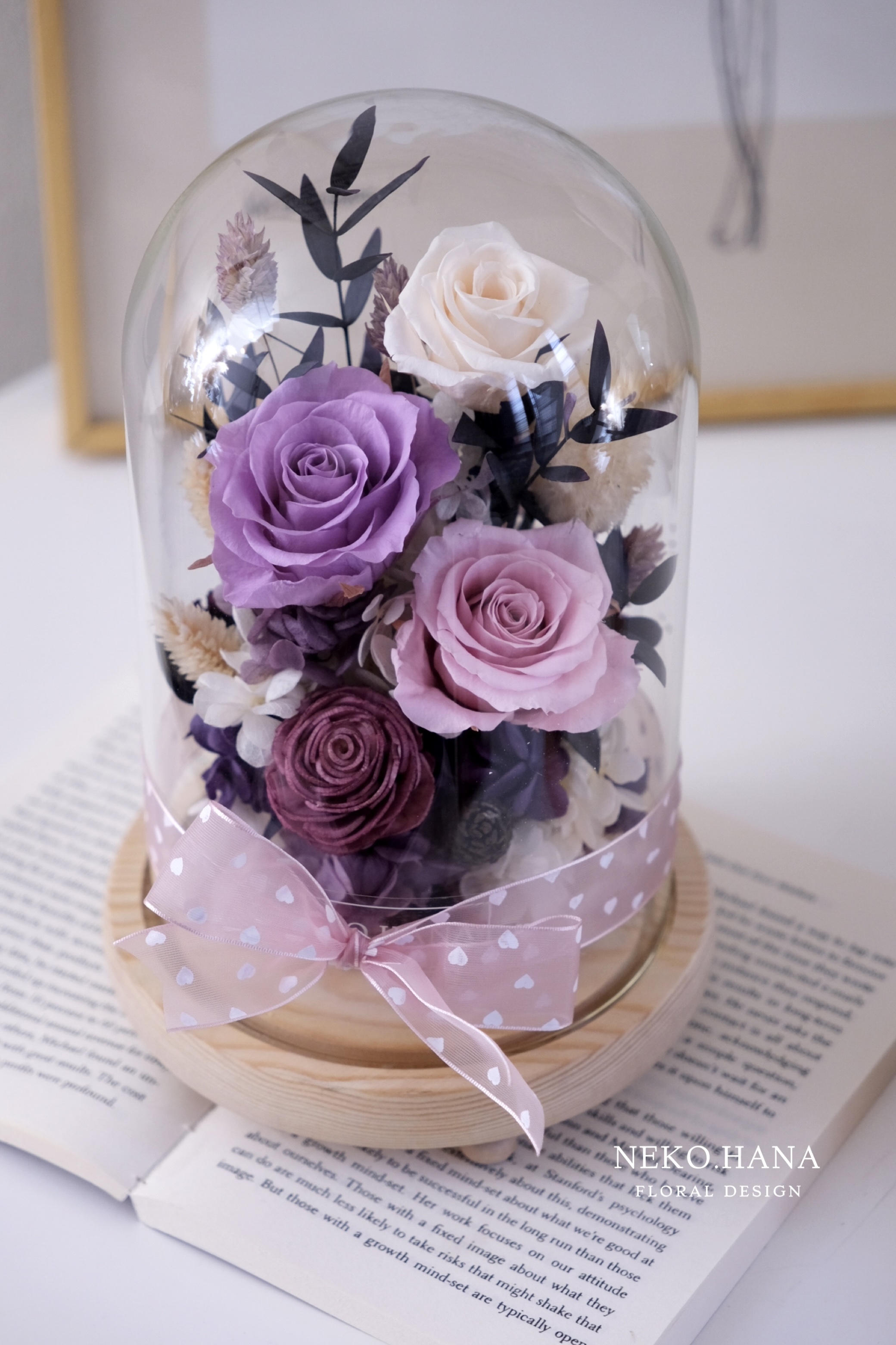 紫粉玫瑰永生花盅夜燈