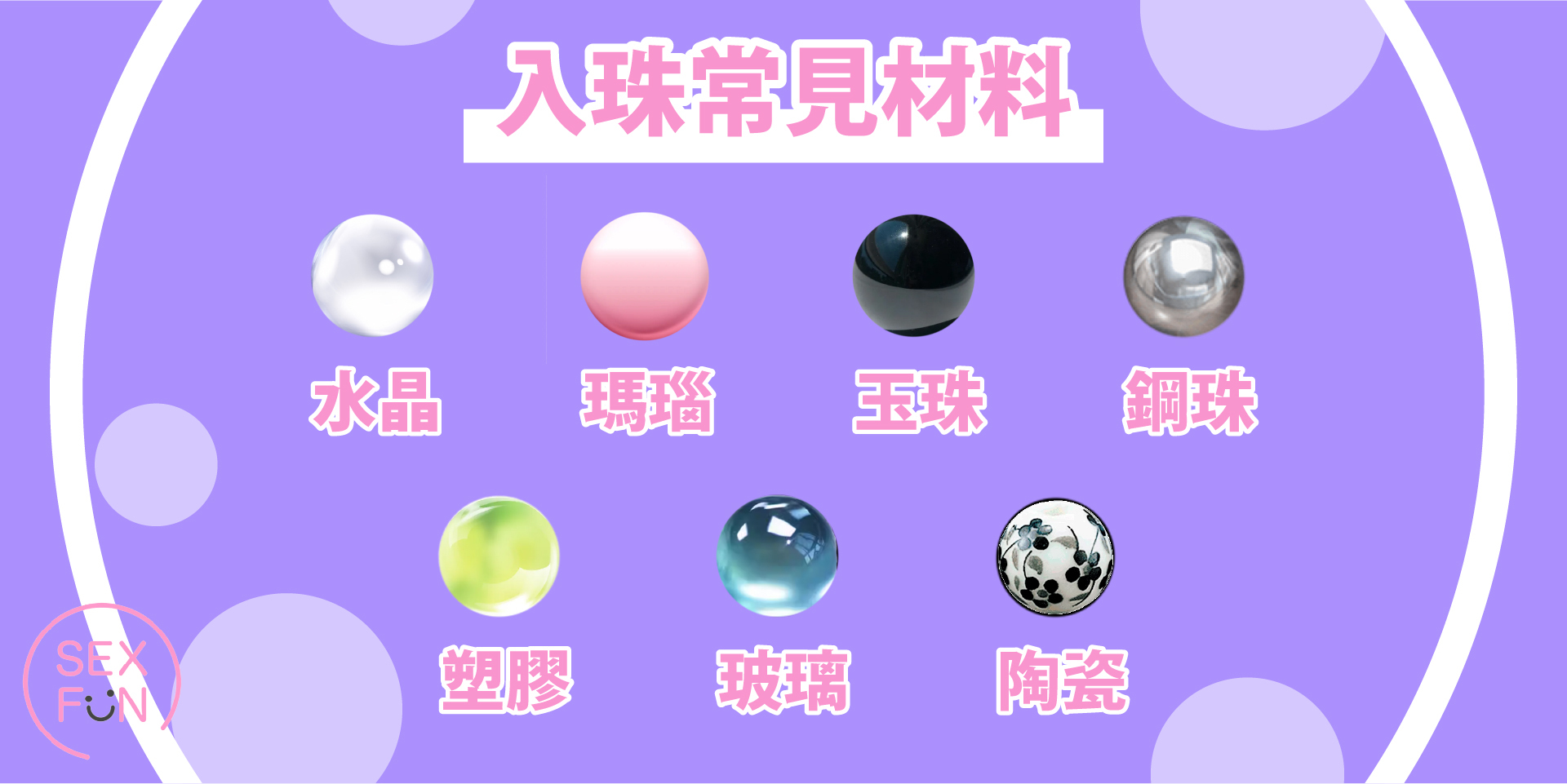 羅列入珠的常見材料，例如有水晶瑪瑙鋼珠塑膠玻璃陶瓷等。