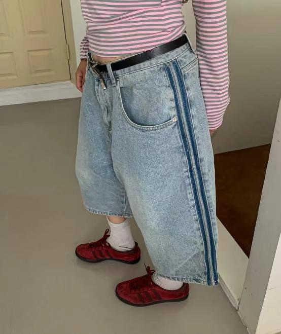 雙線 刷色 膝下 牛仔 七分褲 短褲