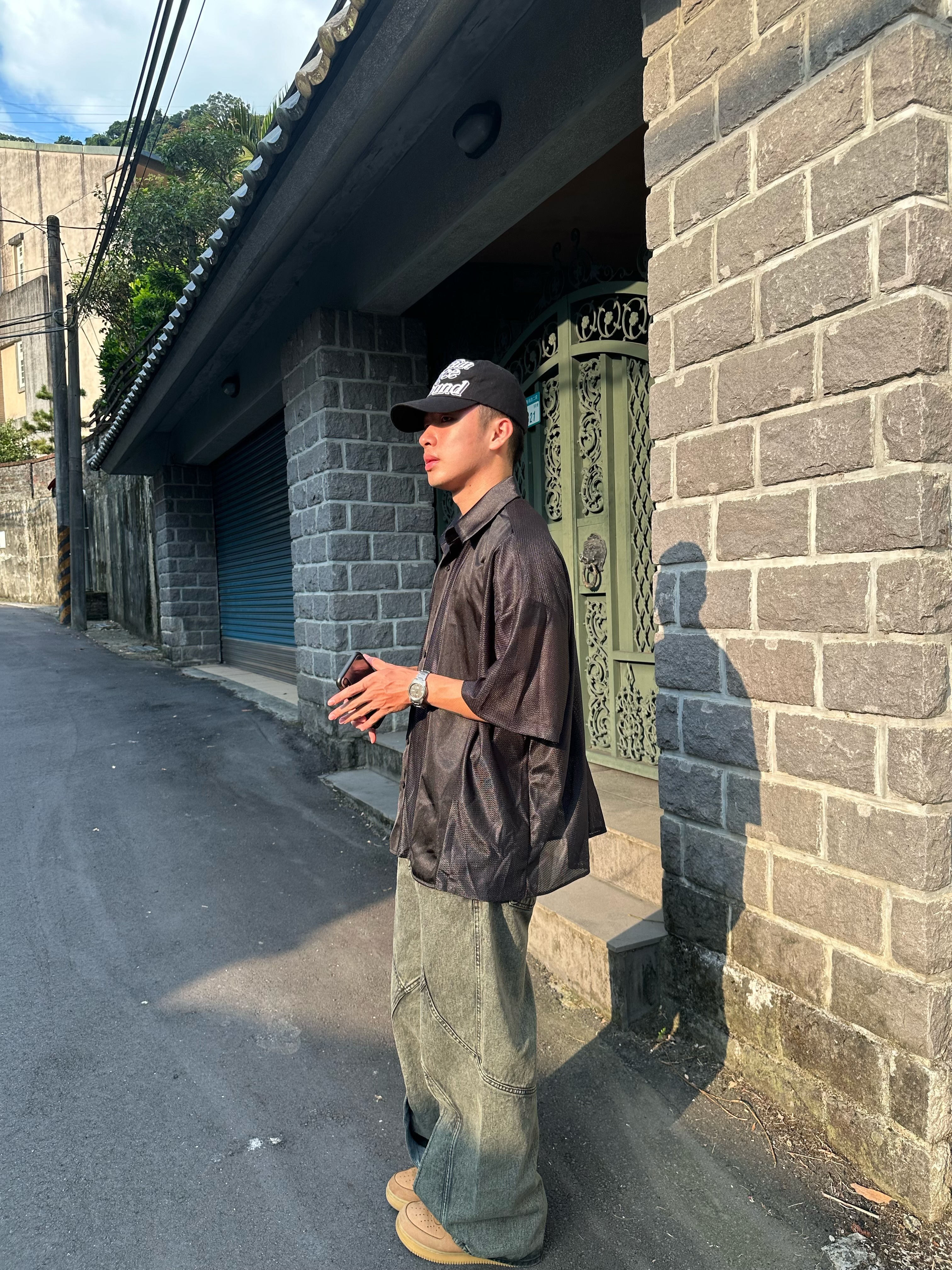 透氣 網感 拼接 亮面 襯衫