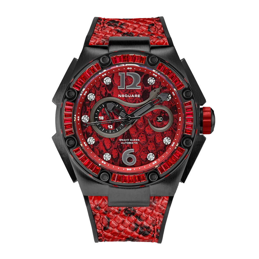 【NSQUARE】 蛇后系列 魅力皇后胭脂紅施華洛世奇水晶蛇紋46mm自動機械腕錶 L0471-N11.6