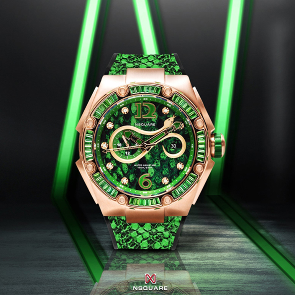 (預購)【NSQUARE】SNAKE QUEEN蛇后系列皇后翡翠綠施華洛世奇水晶蛇紋46mm自動機械腕錶 N11.3