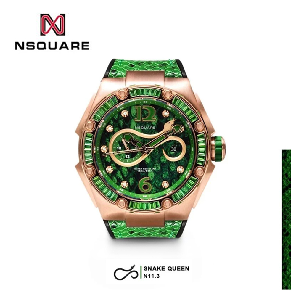 (預購)【NSQUARE】SNAKE QUEEN蛇后系列皇后翡翠綠施華洛世奇水晶蛇紋46mm自動機械腕錶 N11.3