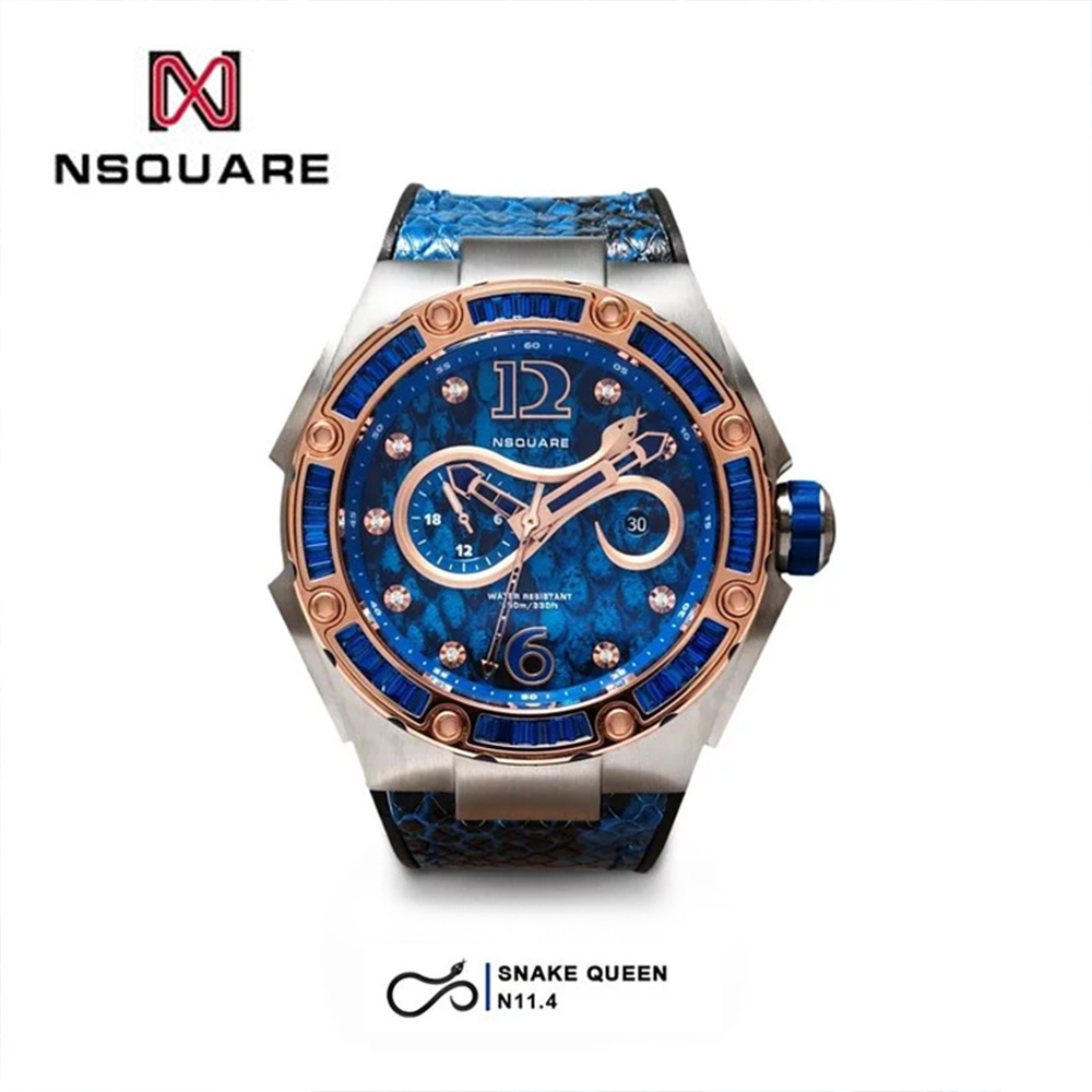 【NSQUARE】SNAKEQUEEN蛇后系列 午夜藍施華洛世奇水晶蛇紋46mm機械錶L0471-N11.4