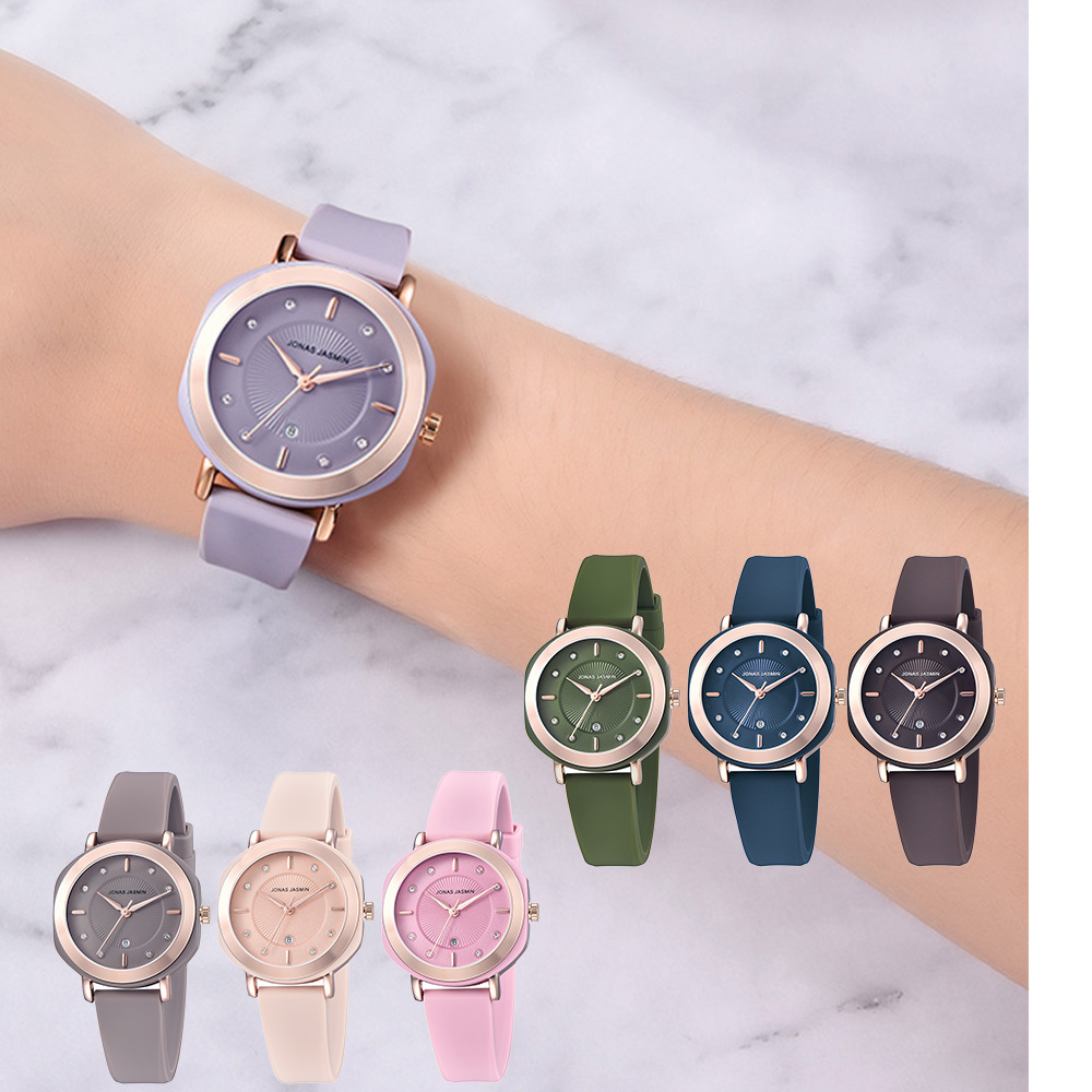 【Jonas Jasmin 喬納斯】JJ-2212 高調玫瑰金框圓矩邊女矽膠腕錶