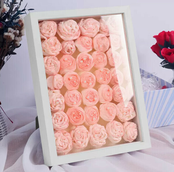 Hot selling handmade paper towel rose dried flower photo frame (01 model milky white 12 inches [inner diameter 20.3*30.5cm] (can hold 10-20 flowers) dual-purpose hanging and hanging)