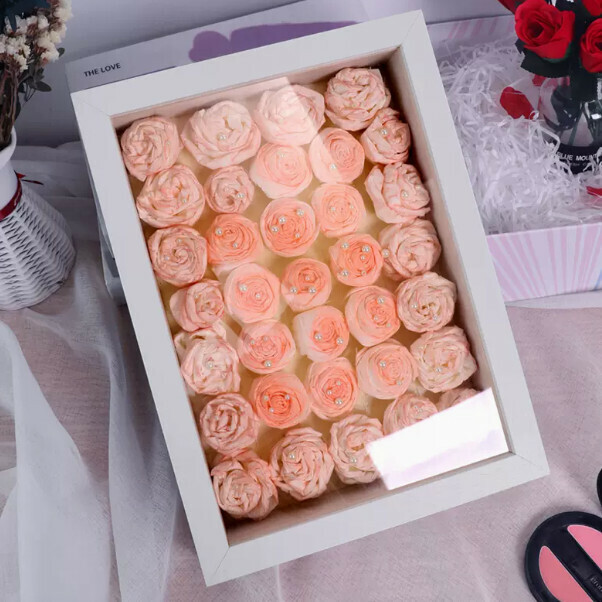 Hot-selling handmade paper towel rose flower photo frame (02 model milky white, square 8 inches [inner diameter 20.3*20.3cm] (can hold 3-5 flowers) dual-purpose hanging display)