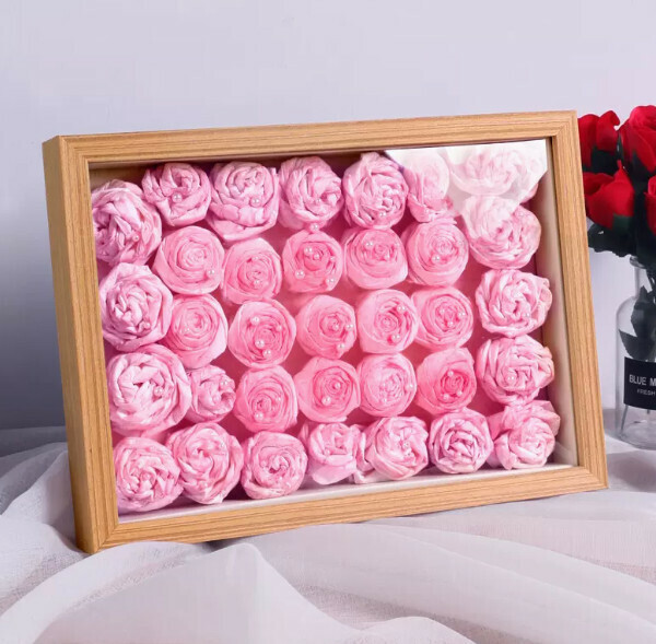 Hot selling handmade tissue paper roses dried flower photo frame (wood grain color 7 inches [inner diameter 12.7*17.8cm] (can hold 2-3 flowers) dual-purpose hanging display)