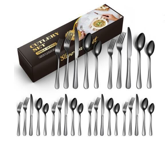 Popular simple and fashionable stainless steel tableware (black 30-piece set/serves 6 people)