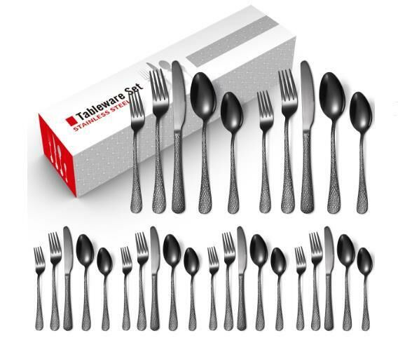 Popular creative hammered stainless steel tableware (black 30-piece set/serves 6 people)