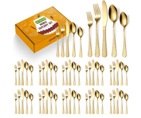 Popular creative hammered stainless steel tableware (gold 60-piece set/serves 12 people)
