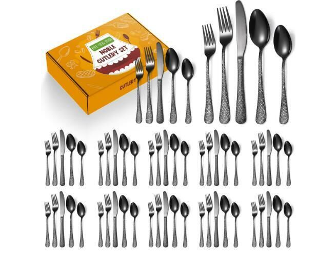 Popular creative hammered stainless steel tableware (black 60-piece set/serves 12 people)