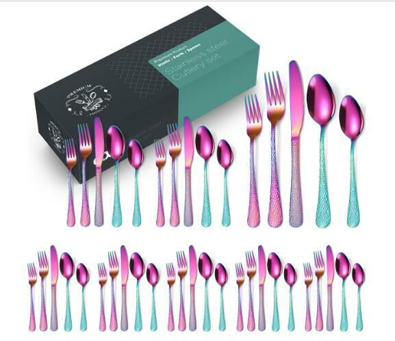 Popular creative hammered stainless steel tableware (colorful 40-piece set/serves 8 people)