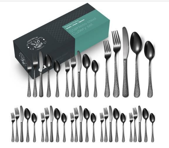 Popular creative hammered stainless steel tableware (black 40-piece set/serves 8 people)