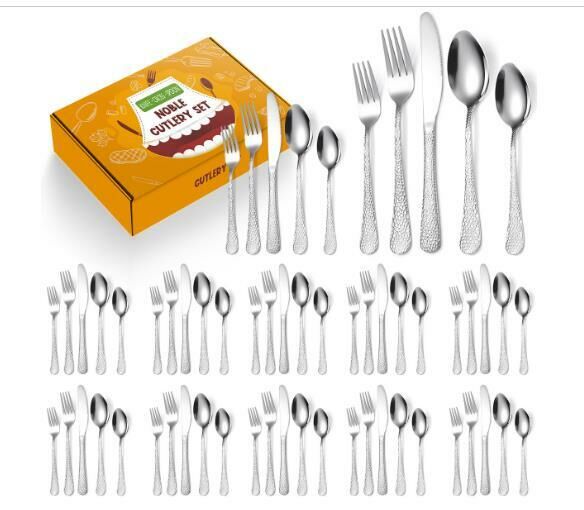 Popular creative hammered stainless steel tableware (silver 60-piece set/serves 12 people)