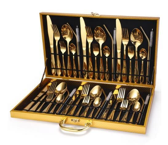 Popular stainless steel tableware for cutlery, forks and straws (gold 42-piece set)