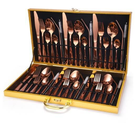 Popular stainless steel cutlery for cutlery and straws (42-piece rose set)