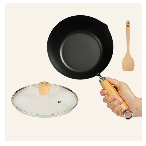 Hot Recommended Mini Induction Cooker Wok Non-stick Baby Food Complementary Wok ([20cm] Small Wok with Lid and Comes with a Wooden Spatula)