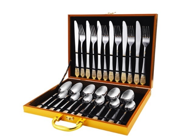 New gold-plated star diamond stainless steel tableware (gold/12SLF-24 wooden box)