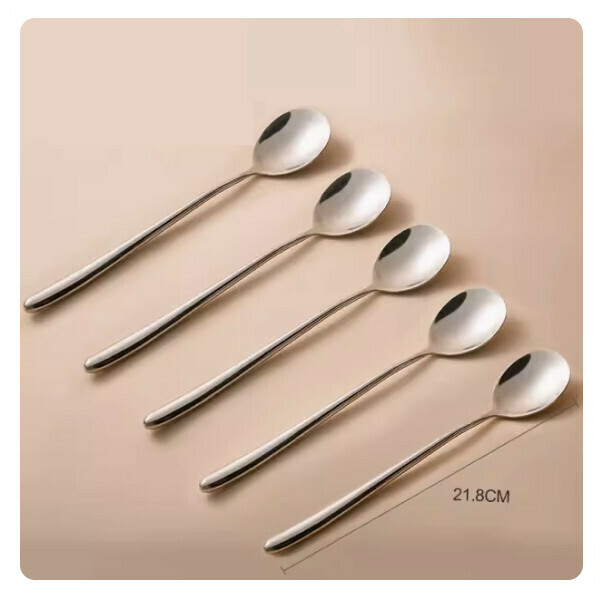 New stainless steel spoon, fork, tableware set, long handle stirring spoon, fruit spoon (round handle long spoon [pack of five])