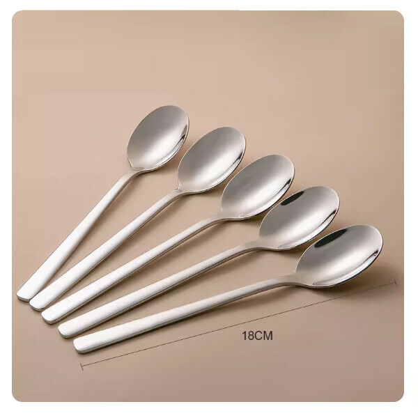 New stainless steel spoon, fork, tableware set, long handle mixing spoon, fruit spoon (Korean main dinner spoon [pack of five])