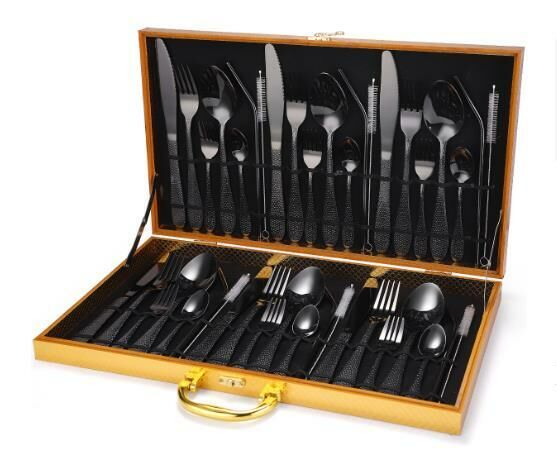 New style wooden box exquisite tableware (black 42-piece set)