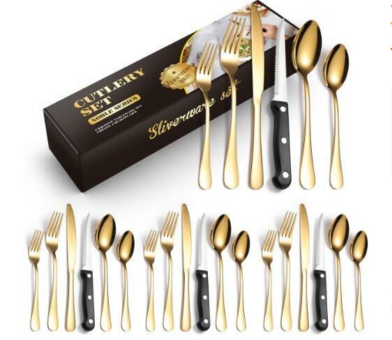 New luxury stainless steel tableware (gold 24-piece set/serves 4 people)