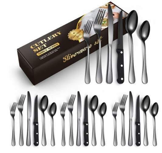 New luxury stainless steel tableware (black 24-piece set/serves 4 people)