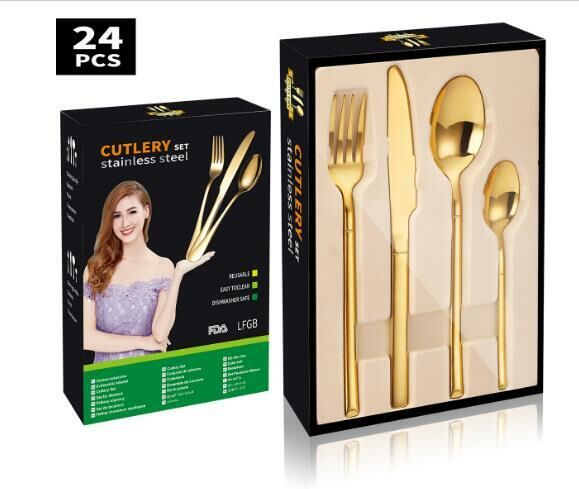 新款簡約精美不鏽鋼餐具（金色24件套-紙盒）