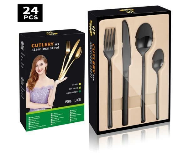 新款簡約精美不鏽鋼餐具（黑色24件套-紙盒）