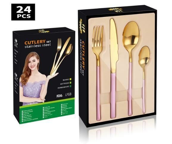 新款簡約精美不鏽鋼餐具（粉金24件套-紙盒）