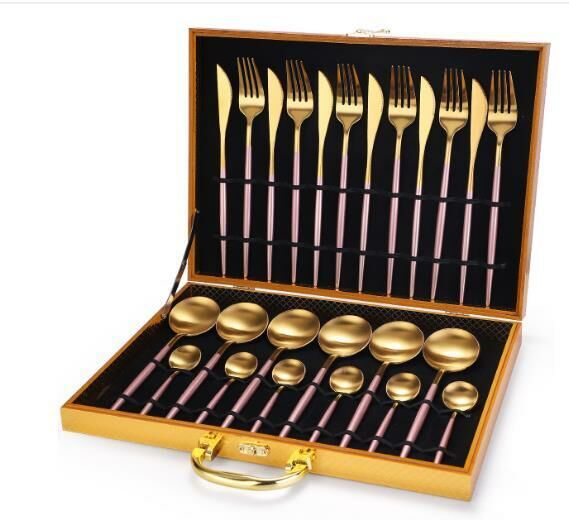 New stainless steel cutlery, forks and spoons (pink gold 24-piece set)