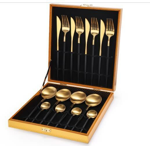 New stainless steel cutlery, forks and spoons (black gold 16-piece set)