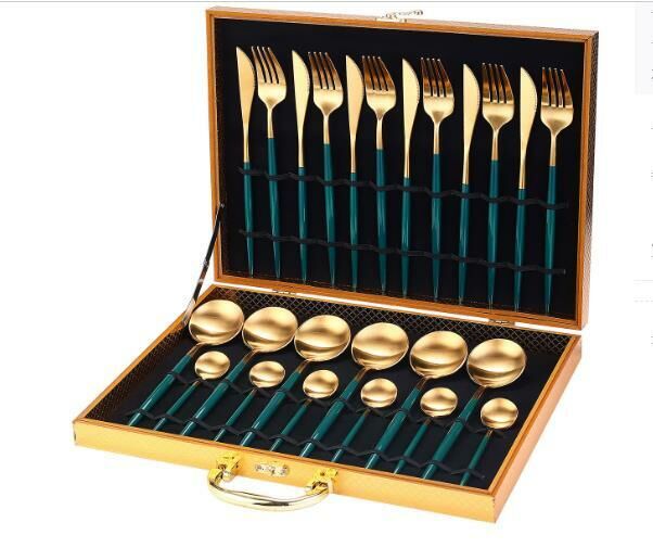 New stainless steel cutlery, forks and spoons (green gold 24-piece set)