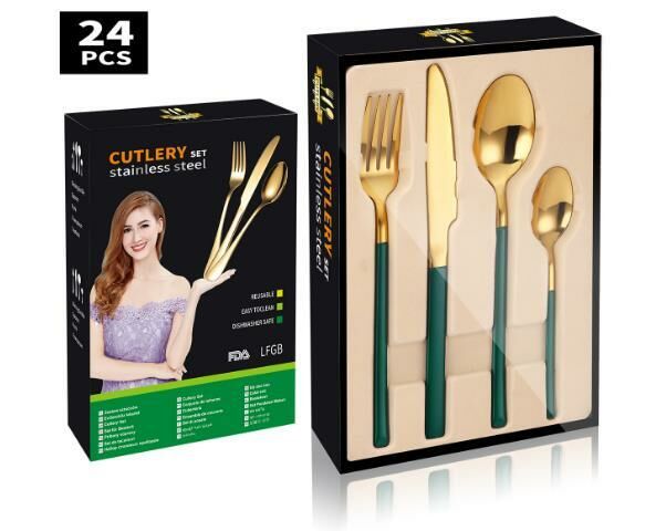 New simple and exquisite stainless steel tableware (green gold 24-piece set-paper box)