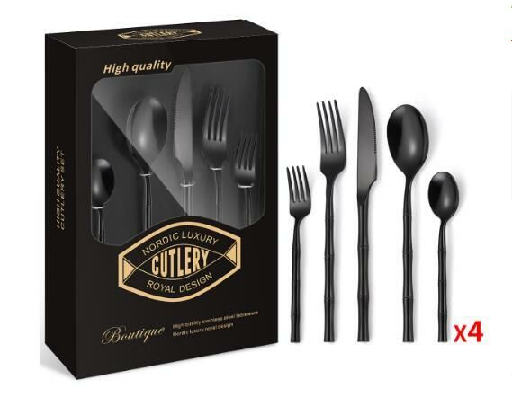 New bamboo round handle tableware (black 20-piece set)