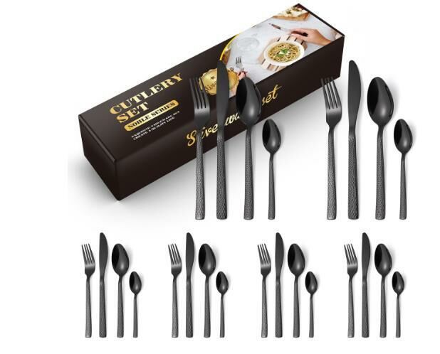 New square handle hammered stainless steel tableware (black 24-piece set)