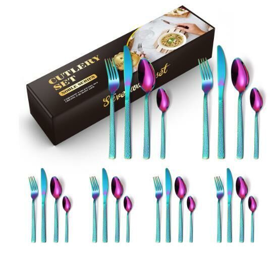 New square handle hammered stainless steel tableware (24-piece set)