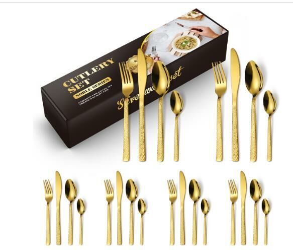 New square handle hammered stainless steel tableware (gold 24-piece set)